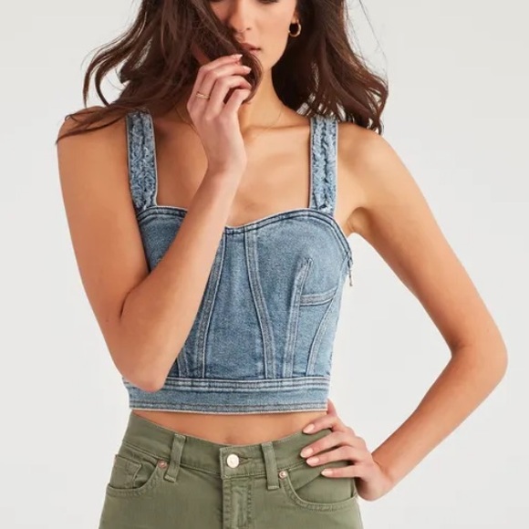 7 FAM Denim Crop Bustier Fray Muse SOLD OUT Sz L - Picture 1 of 5
